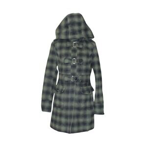 Steve Madden Toggle Coat‎ Women Medium Green Black Plaid EUC Wool Blend Hood